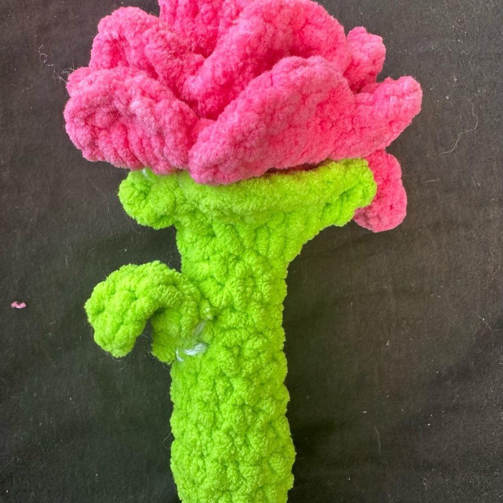 Small Handcrafted Pink and Green Crochet Rose Flower